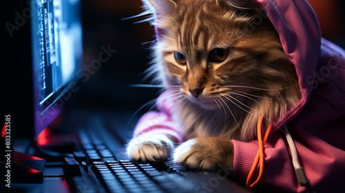 Cat in a pink hoodie using a computer photo