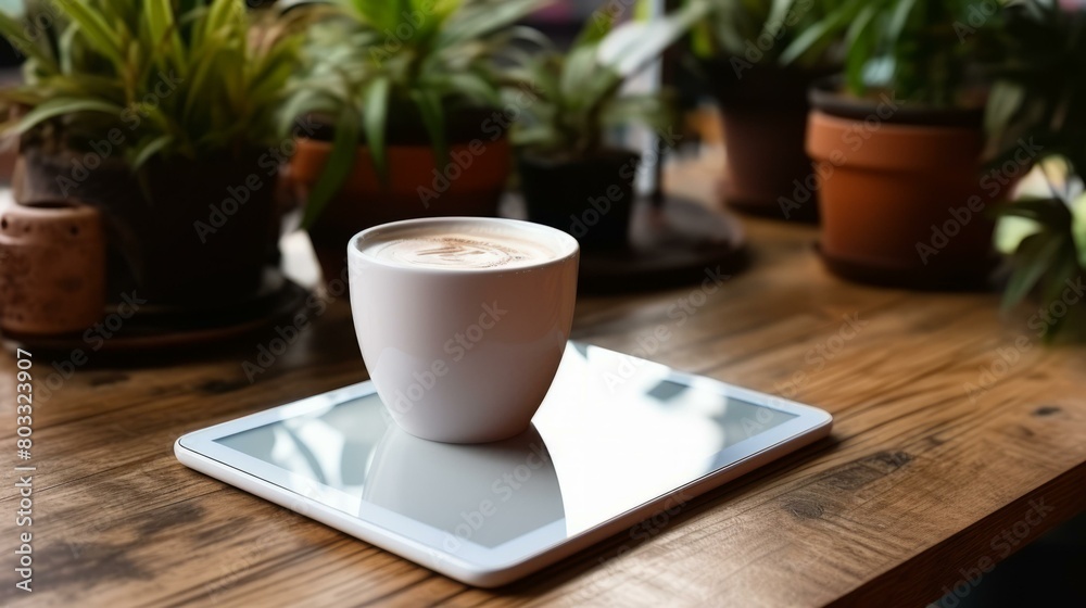 A cup of coffee on a tablet with green plants in the background A cup of coffee on a tablet with green plants in the background