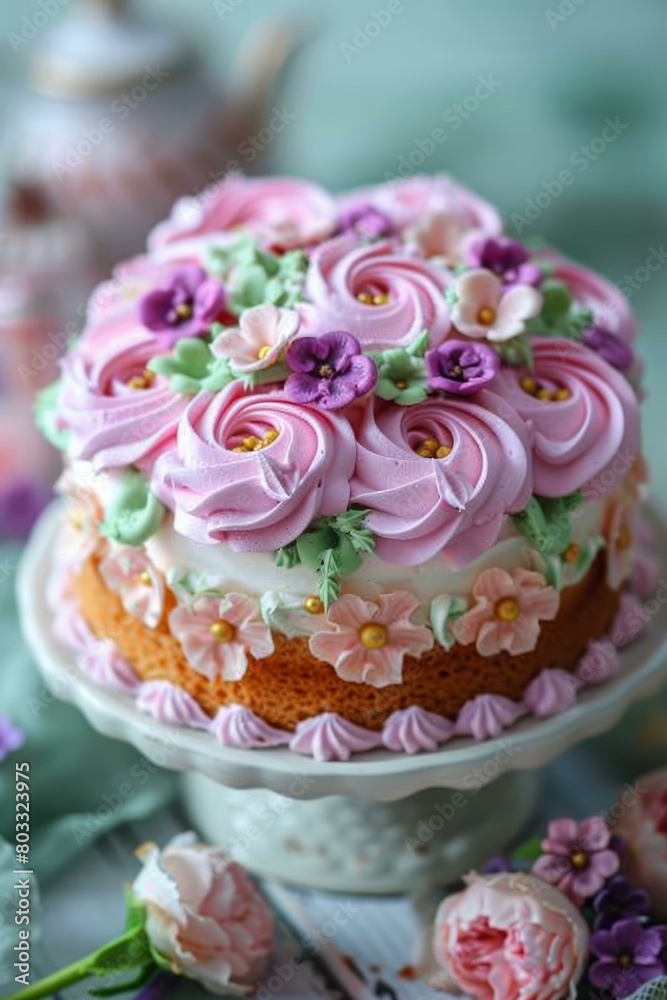 A cake decorated with pink and purple flowers A cake decorated with pink and purple flowers