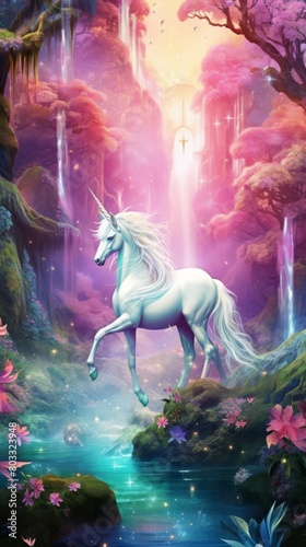 A unicorn stands in a magical forest  surrounded by waterfalls  flowers  and trees