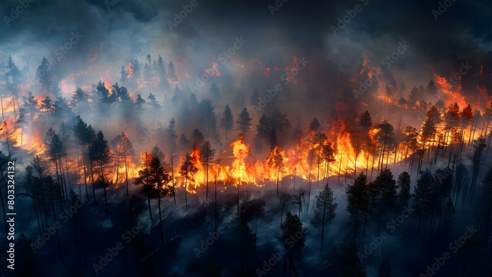 Large wildfire endangers biodiversity highlighting ecosystem vulnerability. Concept Wildfires, Biodiversity, Ecosystem Vulnerability, Environmental Impact, Emergency Response