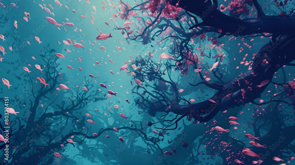 Ethereal Underwater Scene with Fish and Twisted Branches