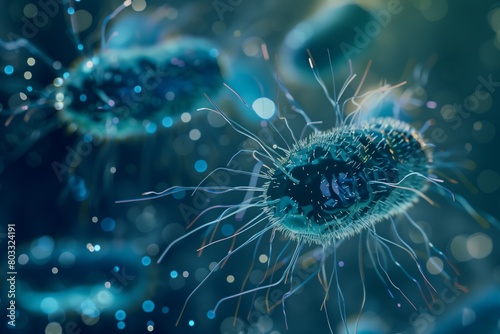 Blue bacteria colony, procaryotic cells, microscope shot