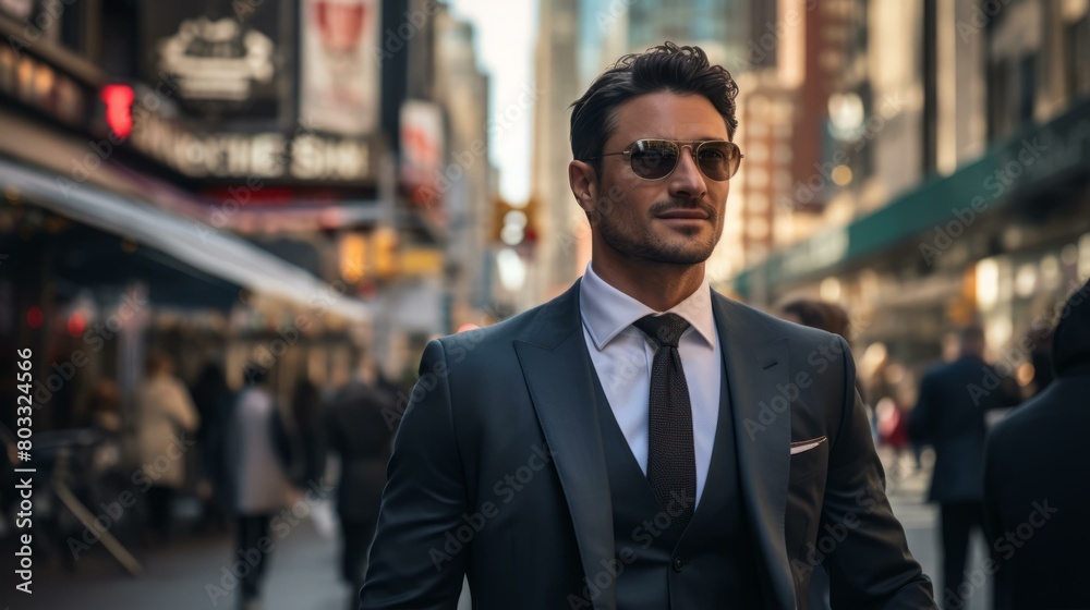 Confident businessman in sunglasses walking in the city Confident businessman in sunglasses walking in the city