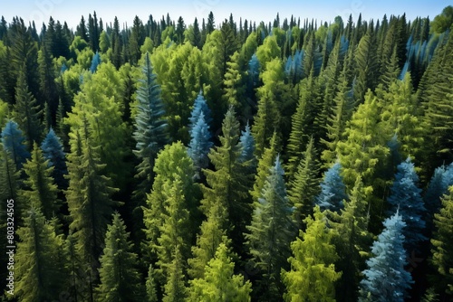 An aerial view of a green and blue coniferous forest photo