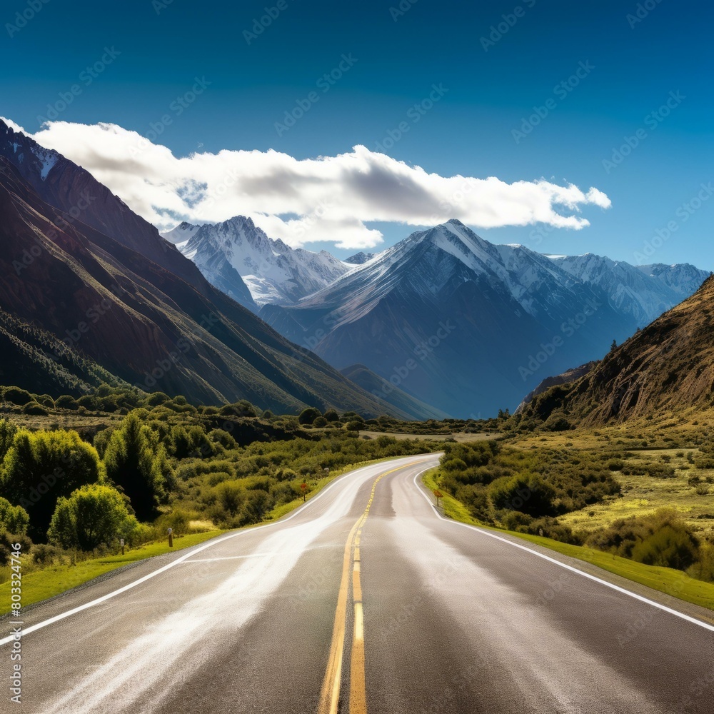 Fototapeta premium Scenic view of an empty asphalt road through a mountain valley