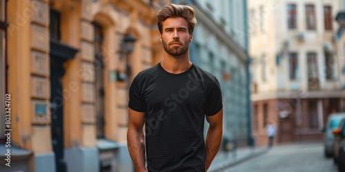 A man in a black t-shirt is walking down the street photo