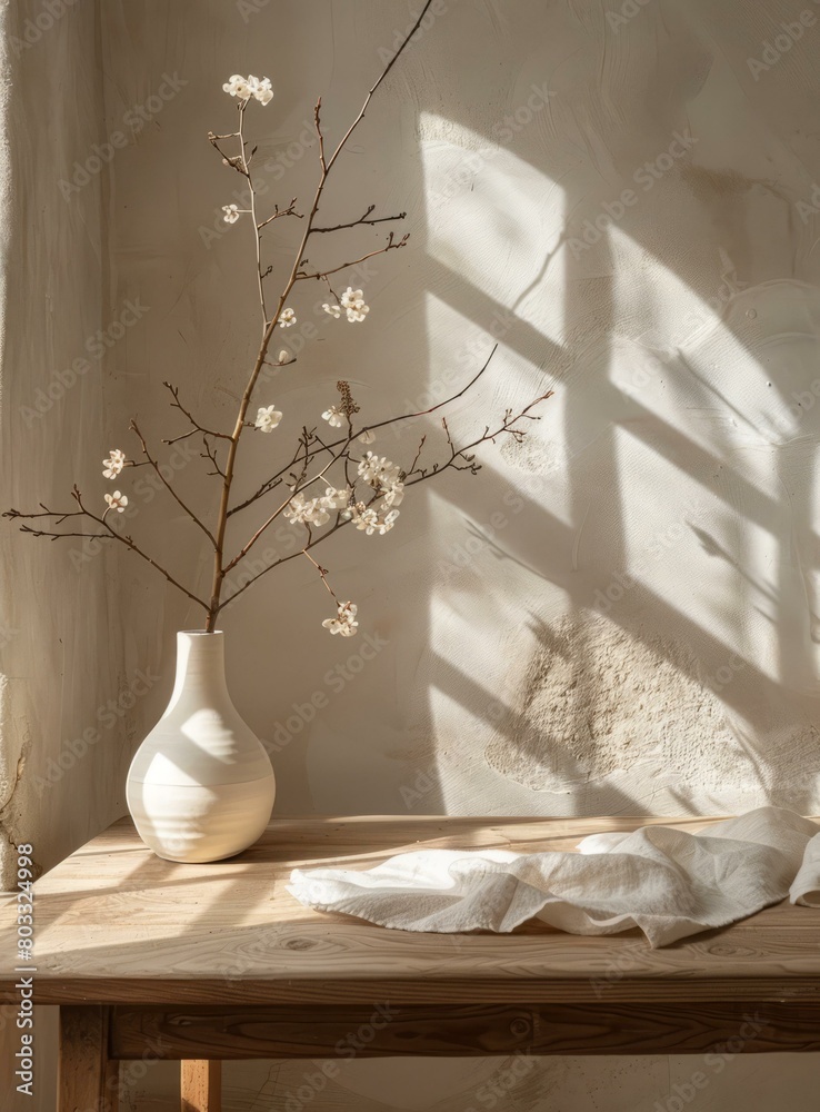 A ceramic vase with white plum blossoms sits on a wooden table