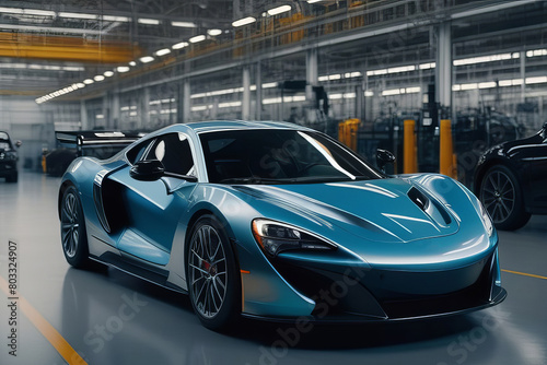 Futuristic sports car showcased in a modern automotive factory setting