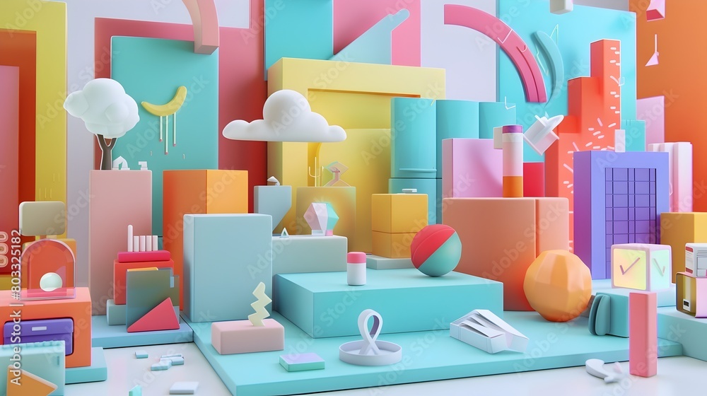 Bold Geometric Composition with Pastel Colored 3D Rendered Objects and Shapes