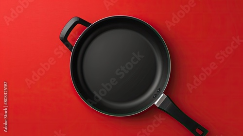 Empty black frying pan on red background. Top view. photo