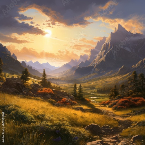 The sun sets over a beautiful mountain landscape