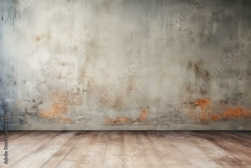 Old worn out concrete wall with wooden floor