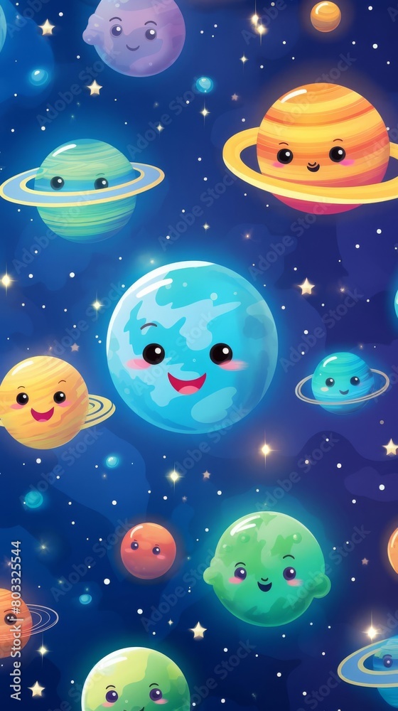 A cute cartoon space illustration of a bunch of happy planets and stars.