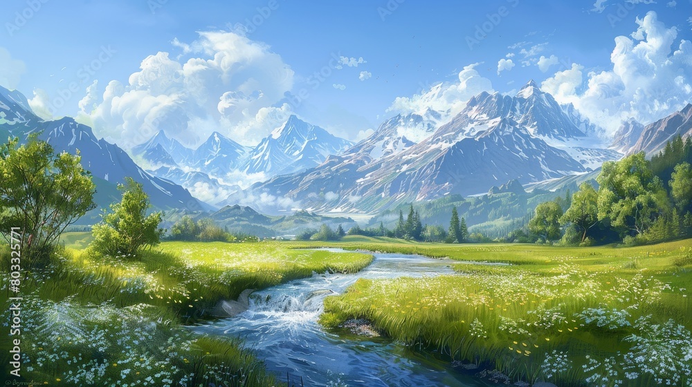 A beautifully rendered painting illustrating idyllic nature scenery: a verdant pasture, a flowing river, and majestic mountains in the distance A beautifully rendered painting illustrating idyllic nature scenery: a verdant pasture, a flowing river, and majestic mountains in the distance