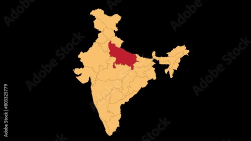 Uttarpradesh map animated video. Uttarpradesh 
location in India highlighted colour with transparent background in video format. Map animation video.