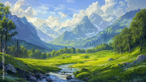 A beautifully rendered painting illustrating idyllic nature scenery: a verdant pasture, a flowing river, and majestic mountains © JP STUDIO LAB