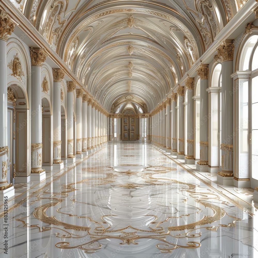 Ornate hallway with marble floor and gold columns