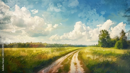 A picturesque  artful painting of a rural countryside landscape on a sunny day  complete with green grass  a country road