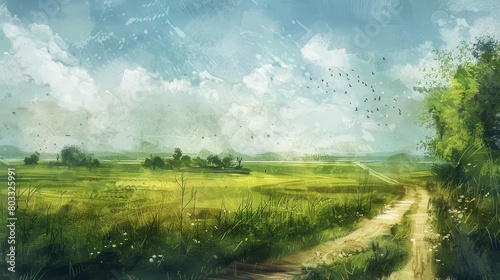 A picturesque, artful painting of a rural countryside landscape on a sunny day, complete with green grass, a country road, and distinctive grungy brush strokes for texture