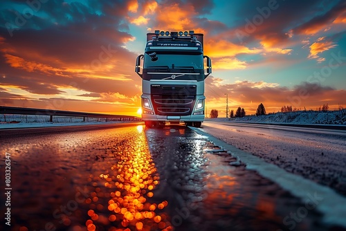 Semi Truck Driving on Wet Highway at Sunset