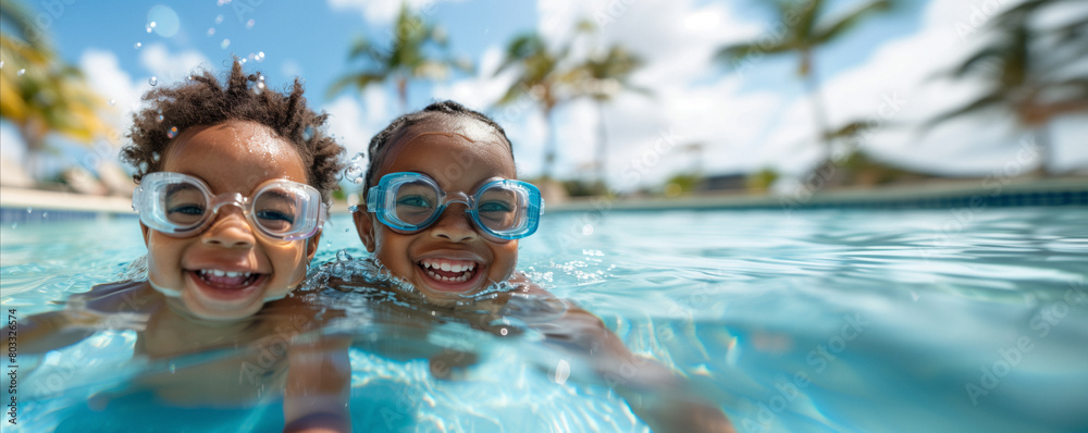 two African American kids with big smiles, enjoying some fun time in a sunny pool wearing swimming goggles, with tropical palm trees in the background, welcoming the summer.
