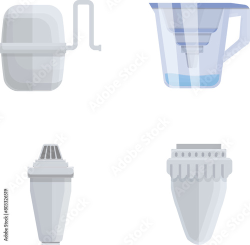 Aqua filter icons set cartoon vector. Water purification and filtration system. Clean water