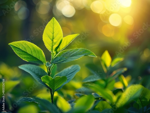 Close-up of green leaves with sunlight in the background