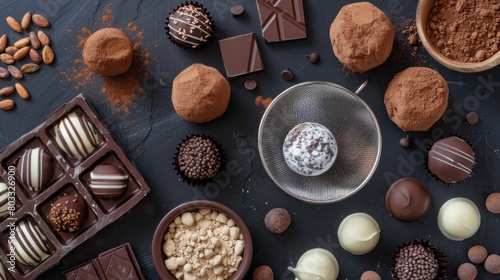 top view of arrangement of various types of chocolate, truffles and sieve with cocoa powder