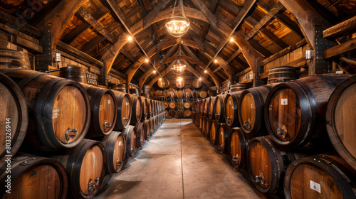 A large room filled with barrels of wine