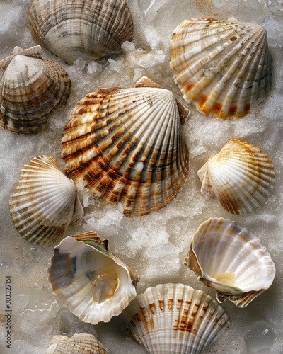 Seashells on ice. Top view.