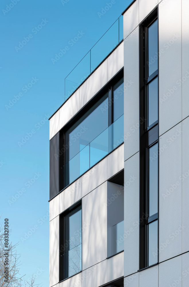 Obraz premium façade d'un bâtiment à l'architecture moderne sur ciel bleu