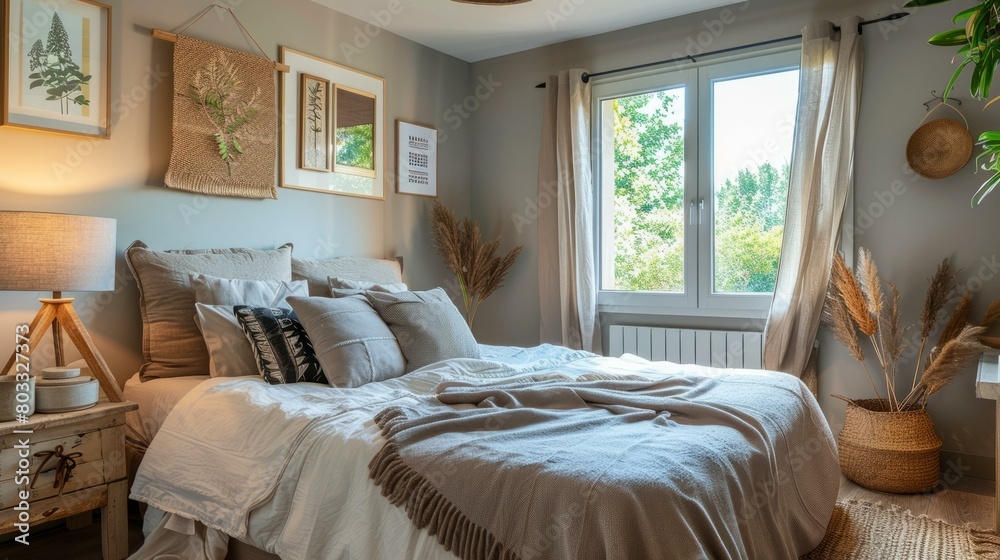 Obraz premium A cozy bedroom with a bed, pillows, and a blanket