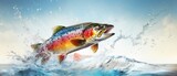 Trout jumping out of water creating splash with fish taking bait - panoramic banner with copy space
