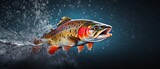 Trout jumping out of water creating splash with fish taking bait - panoramic banner with copy space