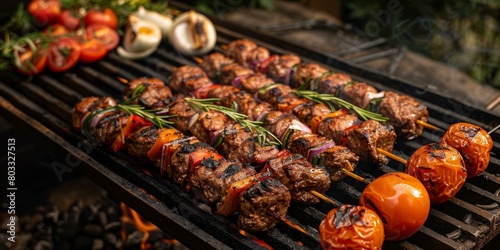 Delicious and juicy beef and vegetable skewers on the grill photo