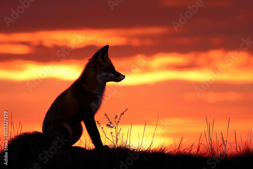 A solitary fox silhouetted against a fiery orange and pink sunset in the wilderness.