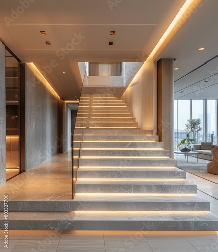 Modern marble staircase with glass railing and cove lighting photo