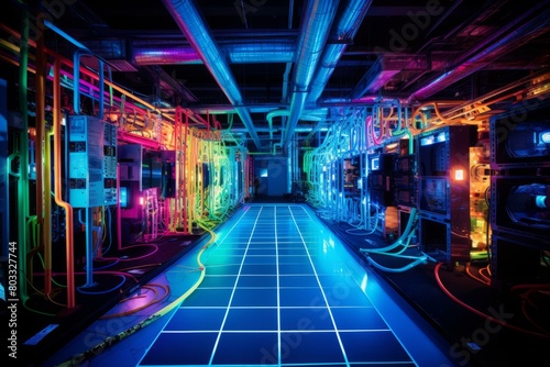 Server room with colorful cables and lights