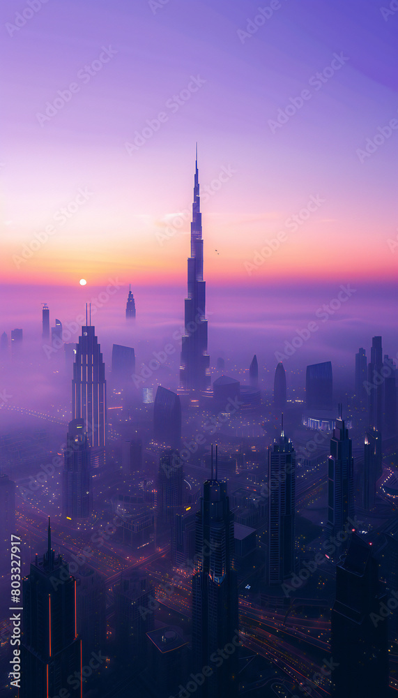 Vertical recreation of large skyscrapers at sunset in a futuristic city