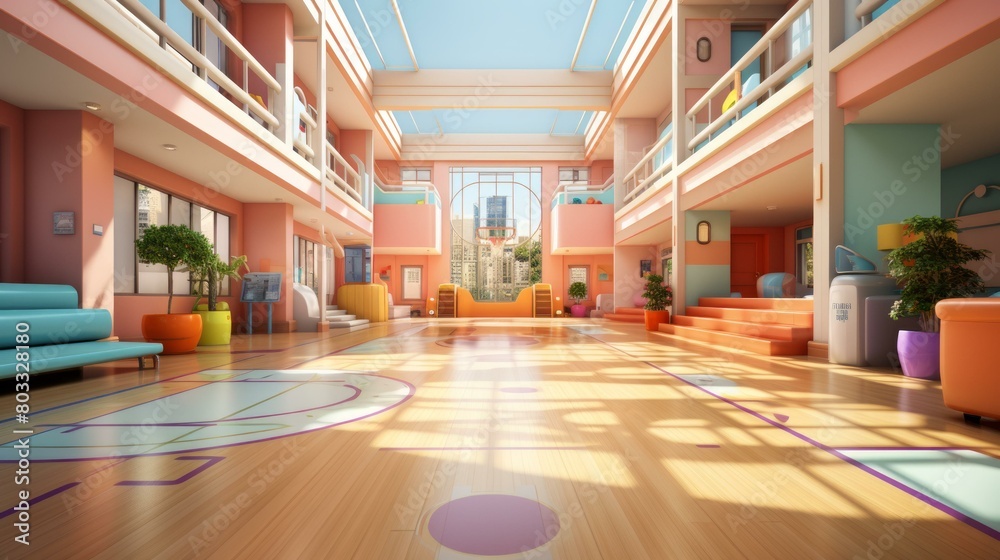 An illustration of an elementary school hallway
