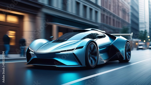 Futuristic car speeding through a modern cityscape with dynamic lighting