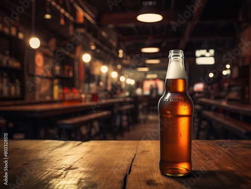 Blurry beer bottle in a bar setting  unrecognizable  out of focus