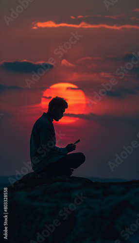 Recreation of a man sitting reading with the sundown