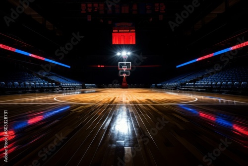 Basketball court with a spotlight shining down on it photo
