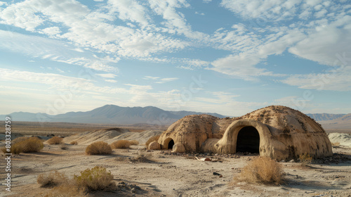 Hidden shelters in the desert under blue sky photo