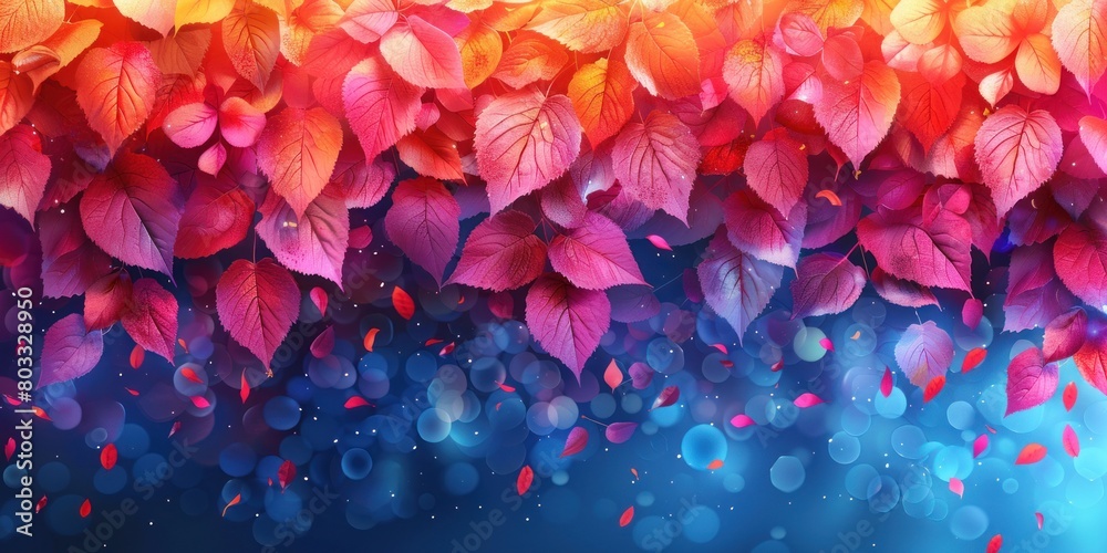 Vibrant leaves in various colors set against a blue backdrop