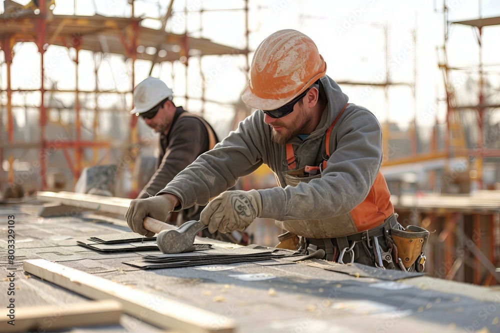 Two roofers installing shingles on a roof Two roofers installing shingles on a roof