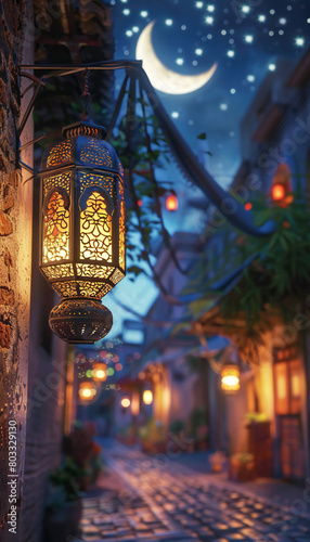 Vertical recreation of muslim lantern lighting on a street a half moon night