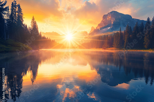A vibrant sunrise over a tranquil mountain lake, casting a warm glow on the water.
